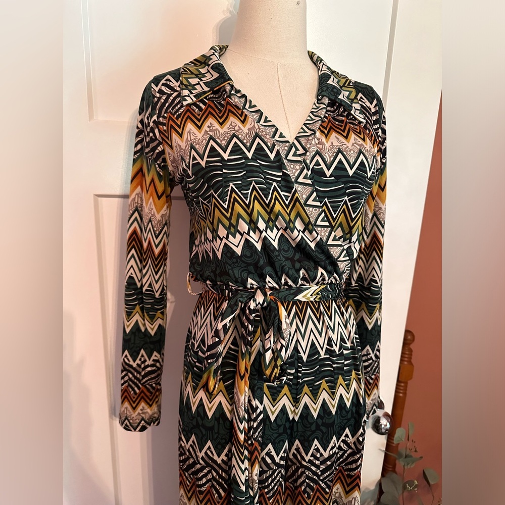 Kathi Rich Emerald zig zag pattern collar S faux wrap belt long sleeve jumpsuit - Picture 2 of 15